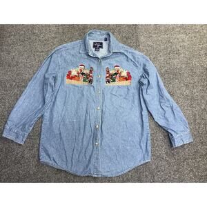 Vtg Lets Quizz Again Christmas Embroidered Denim Button Down Shirt Womens M Blue